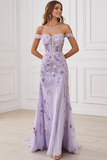 Off the Shoulder Lilac A Line Prom Dress with Appliques