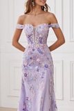 Off the Shoulder Lilac A Line Prom Dress with Appliques