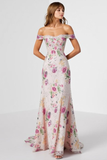 Off the Shoulder Light Pink Floral A Line Prom Dress