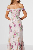 Off the Shoulder Light Pink Floral A Line Prom Dress