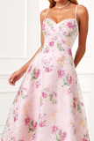 Light Pink Floral A Line Spaghetti Straps Prom Dress