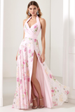 Light Pink Floral Halter A Line Ruched Prom Dress