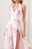 Light Pink Floral Halter A Line Ruched Prom Dress