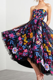 Black Floral Strapless A Line High Low Prom Dress