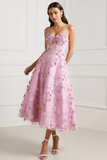 Pink Spaghetti Straps A Line Midi Prom Dress with Appliques