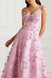 Pink Spaghetti Straps A Line Midi Prom Dress with Appliques