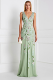 Light Green Sheath V Neck Embroidered Beaded Prom Dress
