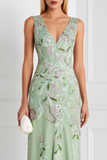 Light Green Sheath V Neck Embroidered Beaded Prom Dress
