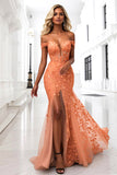 Mermaid Orange Off the Shoulder Prom Dress with Appliques
