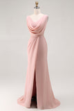 Blush Pink Sheath Lace Up Back Ruched Long Bridesmaid Dress with Slit