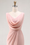 Blush Pink Sheath Lace Up Back Ruched Long Bridesmaid Dress with Slit