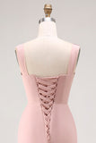 Blush Pink Sheath Lace Up Back Ruched Long Bridesmaid Dress with Slit