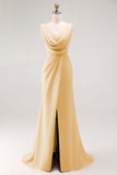 Blush Pink Sheath Lace Up Back Ruched Long Bridesmaid Dress with Slit