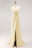 Blush Pink Sheath Lace Up Back Ruched Long Bridesmaid Dress with Slit