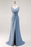 Blush Pink Sheath Lace Up Back Ruched Long Bridesmaid Dress with Slit