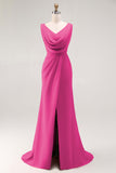 Blush Pink Sheath Lace Up Back Ruched Long Bridesmaid Dress with Slit