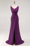 Blush Pink Sheath Lace Up Back Ruched Long Bridesmaid Dress with Slit