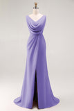 Blush Pink Sheath Lace Up Back Ruched Long Bridesmaid Dress with Slit