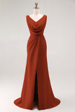 Blush Pink Sheath Lace Up Back Ruched Long Bridesmaid Dress with Slit