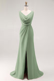 Blush Pink Sheath Lace Up Back Ruched Long Bridesmaid Dress with Slit