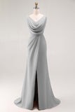 Blush Pink Sheath Lace Up Back Ruched Long Bridesmaid Dress with Slit