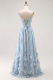 Blue Flower A-Line Corset Ruffled Chiffon Long Bridesmaid Dress with Slit