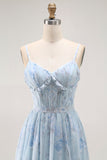 Blue Flower A-Line Corset Ruffled Chiffon Long Bridesmaid Dress with Slit