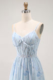 Blue Flower A-Line Corset Ruffled Chiffon Long Bridesmaid Dress with Slit