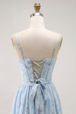 Blue Flower A-Line Corset Ruffled Chiffon Long Bridesmaid Dress with Slit