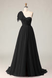 Fuchsia A Line One Shoulder Sheer Corset Tulle Long Prom Dress with Slit