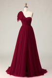 Fuchsia A Line One Shoulder Sheer Corset Tulle Long Prom Dress with Slit