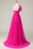 Fuchsia A Line One Shoulder Sheer Corset Tulle Long Prom Dress with Slit