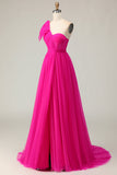 Fuchsia A Line One Shoulder Sheer Corset Tulle Long Prom Dress with Slit