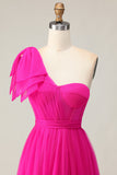 Fuchsia A Line One Shoulder Sheer Corset Tulle Long Prom Dress with Slit
