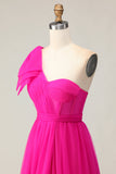 Fuchsia A Line One Shoulder Sheer Corset Tulle Long Prom Dress with Slit