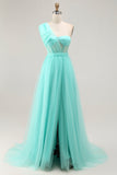 Fuchsia A Line One Shoulder Sheer Corset Tulle Long Prom Dress with Slit