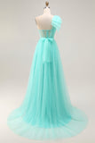 Fuchsia A Line One Shoulder Sheer Corset Tulle Long Prom Dress with Slit