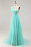 Fuchsia A Line One Shoulder Sheer Corset Tulle Long Prom Dress with Slit