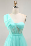 Fuchsia A Line One Shoulder Sheer Corset Tulle Long Prom Dress with Slit