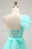 Fuchsia A Line One Shoulder Sheer Corset Tulle Long Prom Dress with Slit