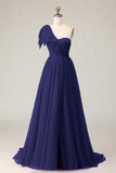 Fuchsia A Line One Shoulder Sheer Corset Tulle Long Prom Dress with Slit