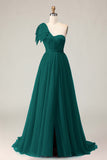 Fuchsia A Line One Shoulder Sheer Corset Tulle Long Prom Dress with Slit