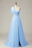 Fuchsia A Line One Shoulder Sheer Corset Tulle Long Prom Dress with Slit