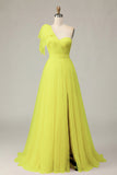 Fuchsia A Line One Shoulder Sheer Corset Tulle Long Prom Dress with Slit