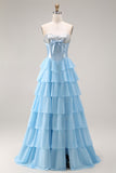 Pink Corset Sweetheart Tiered A Line Long Prom Dress With Slit