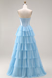 Pink Corset Sweetheart Tiered A Line Long Prom Dress With Slit