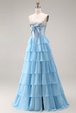 Pink Corset Sweetheart Tiered A Line Long Prom Dress With Slit