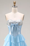 Pink Corset Sweetheart Tiered A Line Long Prom Dress With Slit