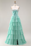 Pink Corset Sweetheart Tiered A Line Long Prom Dress With Slit