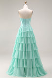 Pink Corset Sweetheart Tiered A Line Long Prom Dress With Slit